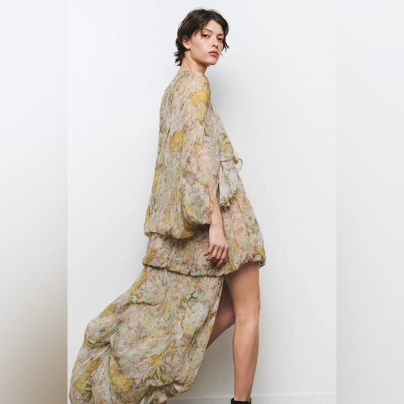 Zara Floral Chiffon Dress with Asymmetrical Hem bohemian hippie summer fall - Picture 4 of 10